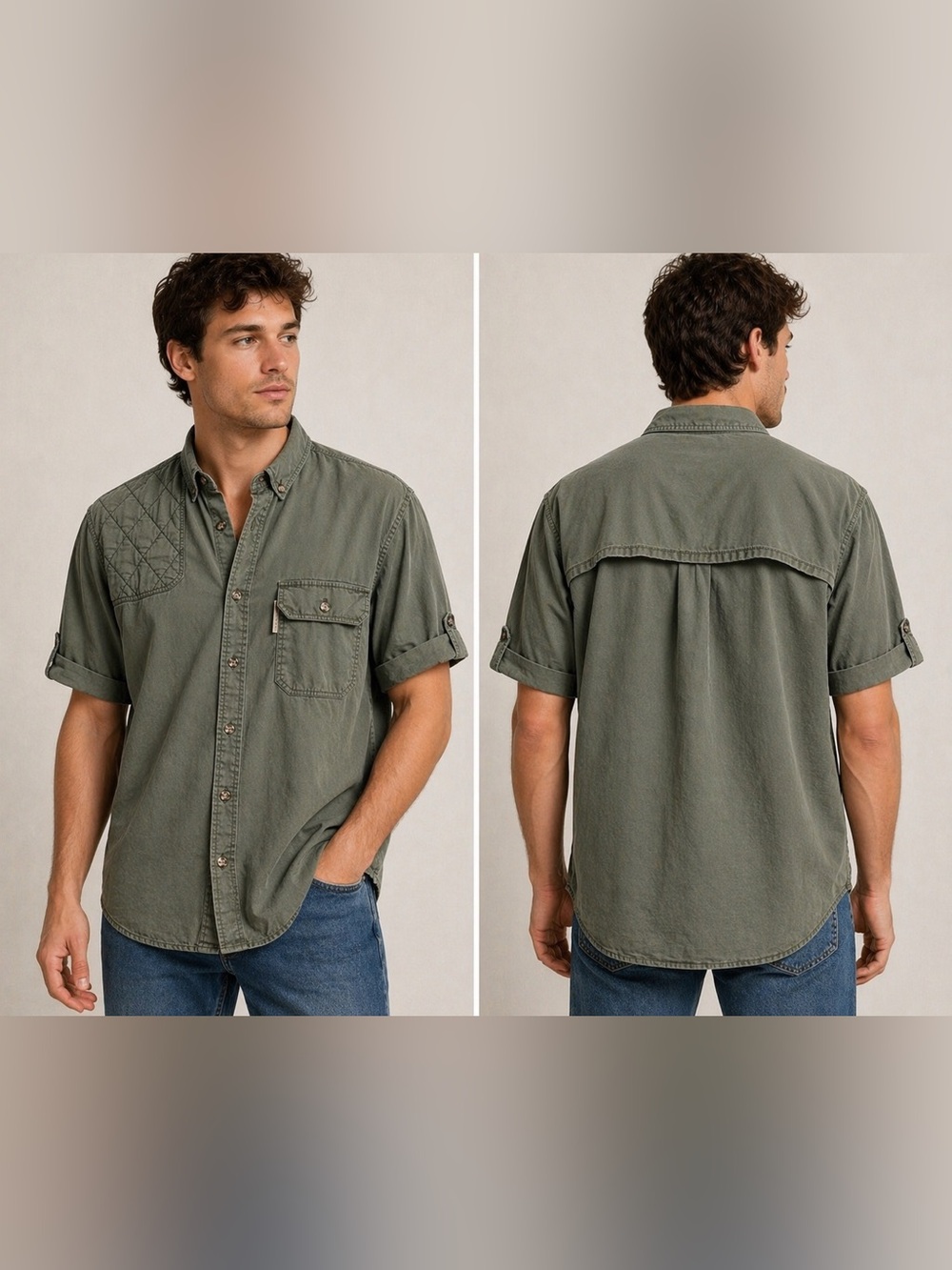 TAG Safari Green Cotton Button-Up Hunting Military Shirt XL Utility Short Sleeve
